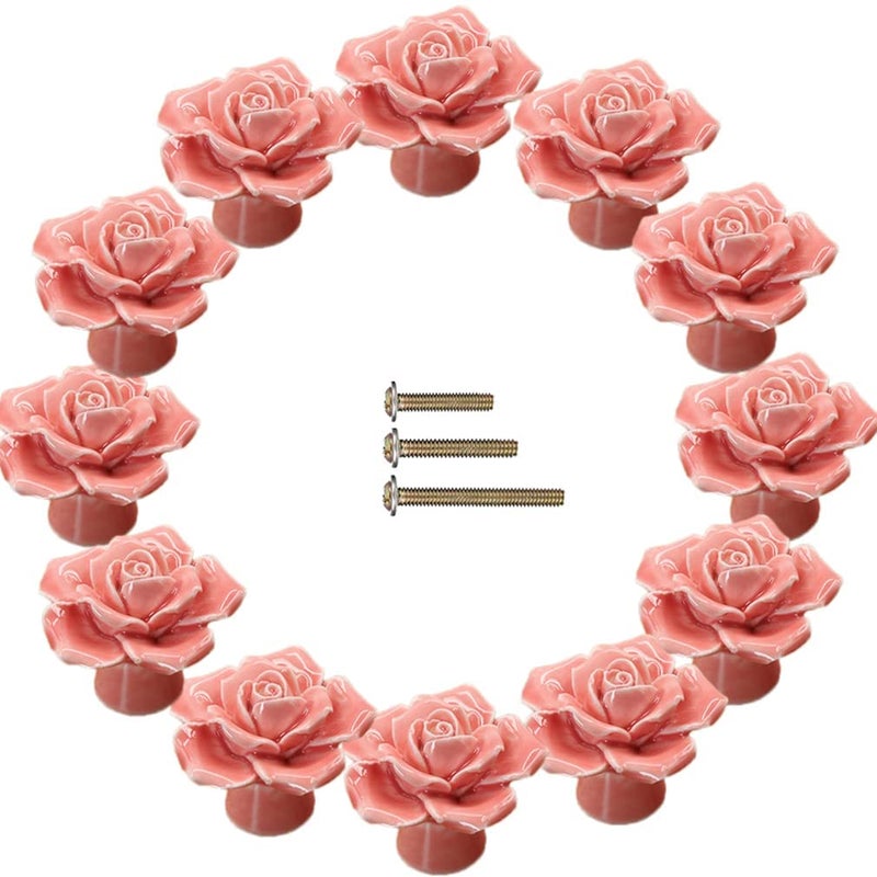 ESreake 12-Pack Rose Ceramic Knobs  Rose Flower Ceramic Vintage Pulls Kitchen Cabinet Dressing Table Dresser Handles with 3 Size Screws for Girl's Room Dresser Cupboard Wardrobe (12  Pink) - Image 1
